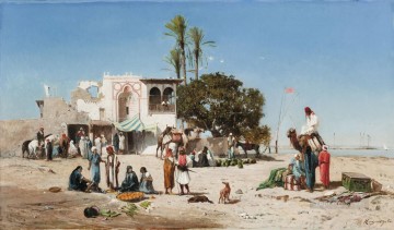 Marche au bord du Nil Victor Huguet Araber Pinturas al óleo